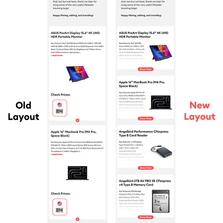 comparison between the old and new gear guide mobile layout, showcasing a more compact and clean design
