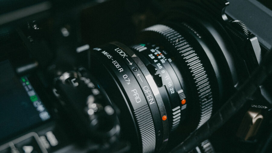 The Canon RF version of the adapter with RED KOMODO 6K and a cine-modded Mamiya Sekor C 80mm f/2.8