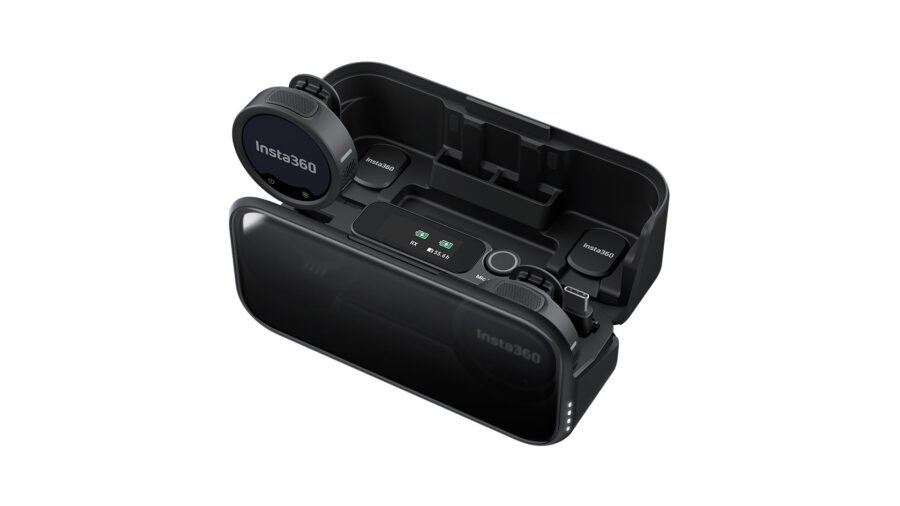 The Insta360 Mic Pro with two transmitters and one receiver comes with a charging case