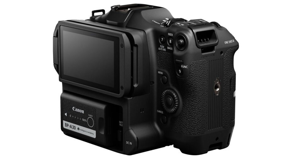 Canon EOS C70 from the rear with screen closed.