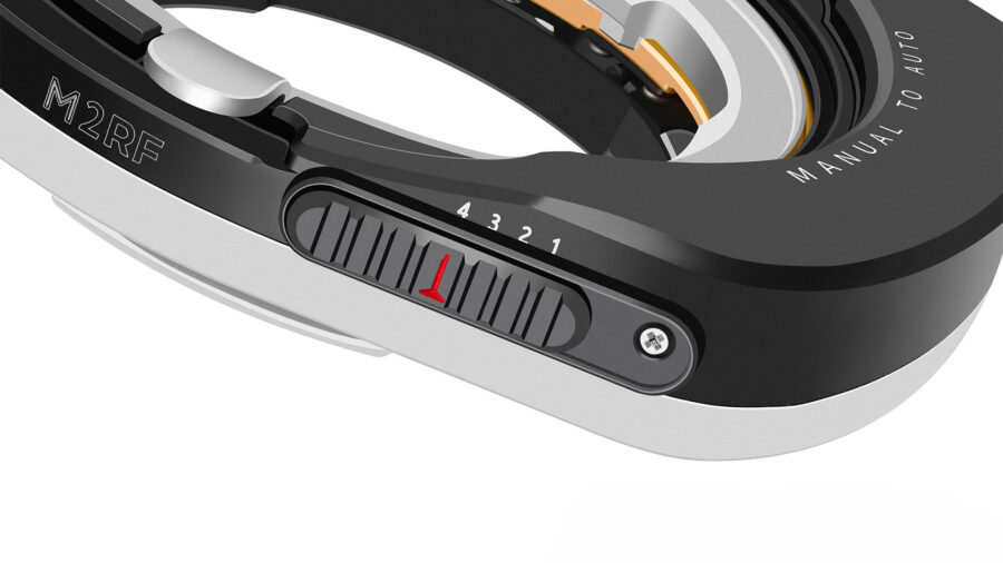 The aperture selector on the left side of the Megadap M2RF lens mount adapter.