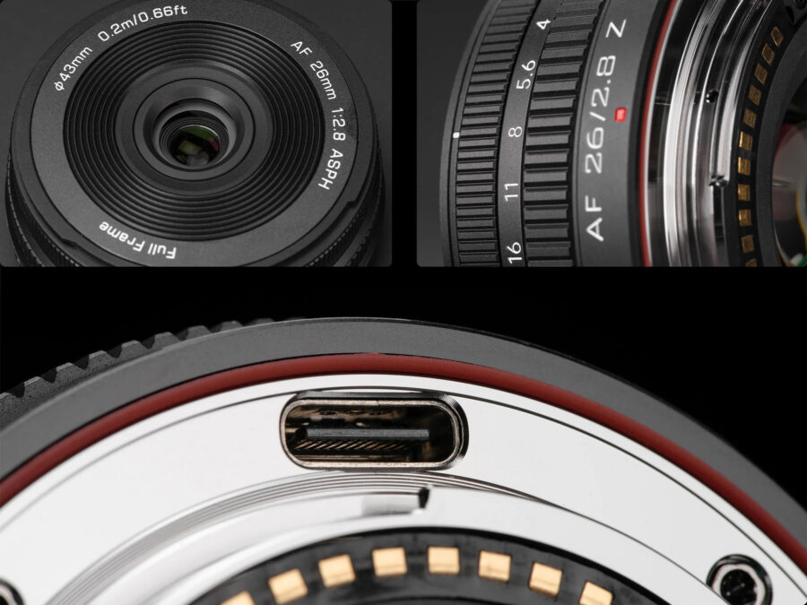 Viltrox AF 26mm f/2.8 EVO lens closeup views.