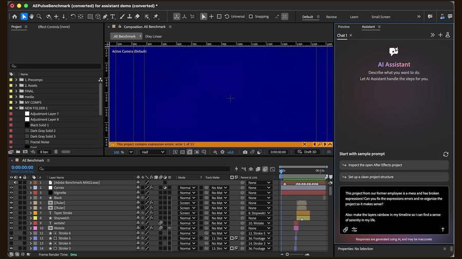 example of a disorganized project file in Adobe After Effects